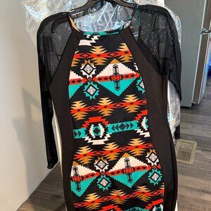Annabelle Black Bodycon Dress | Size L | Sheer Sleeves | Aztec Design | Lightly